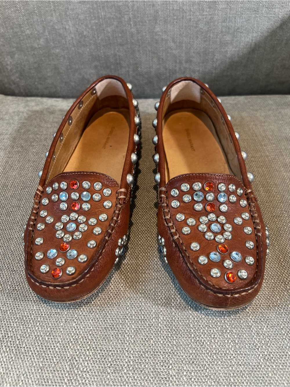 Isabel Marant Brown Studded Leather Loafers with Silver & Red Gems - Picture 8 of 12